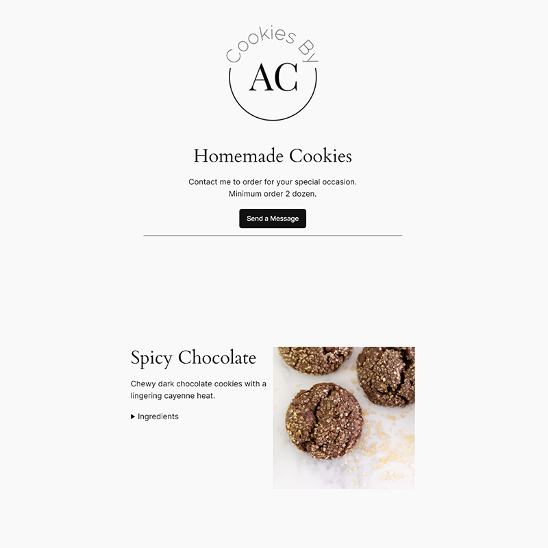 screenshot of clean, modern website for a business selling gourmet cookies